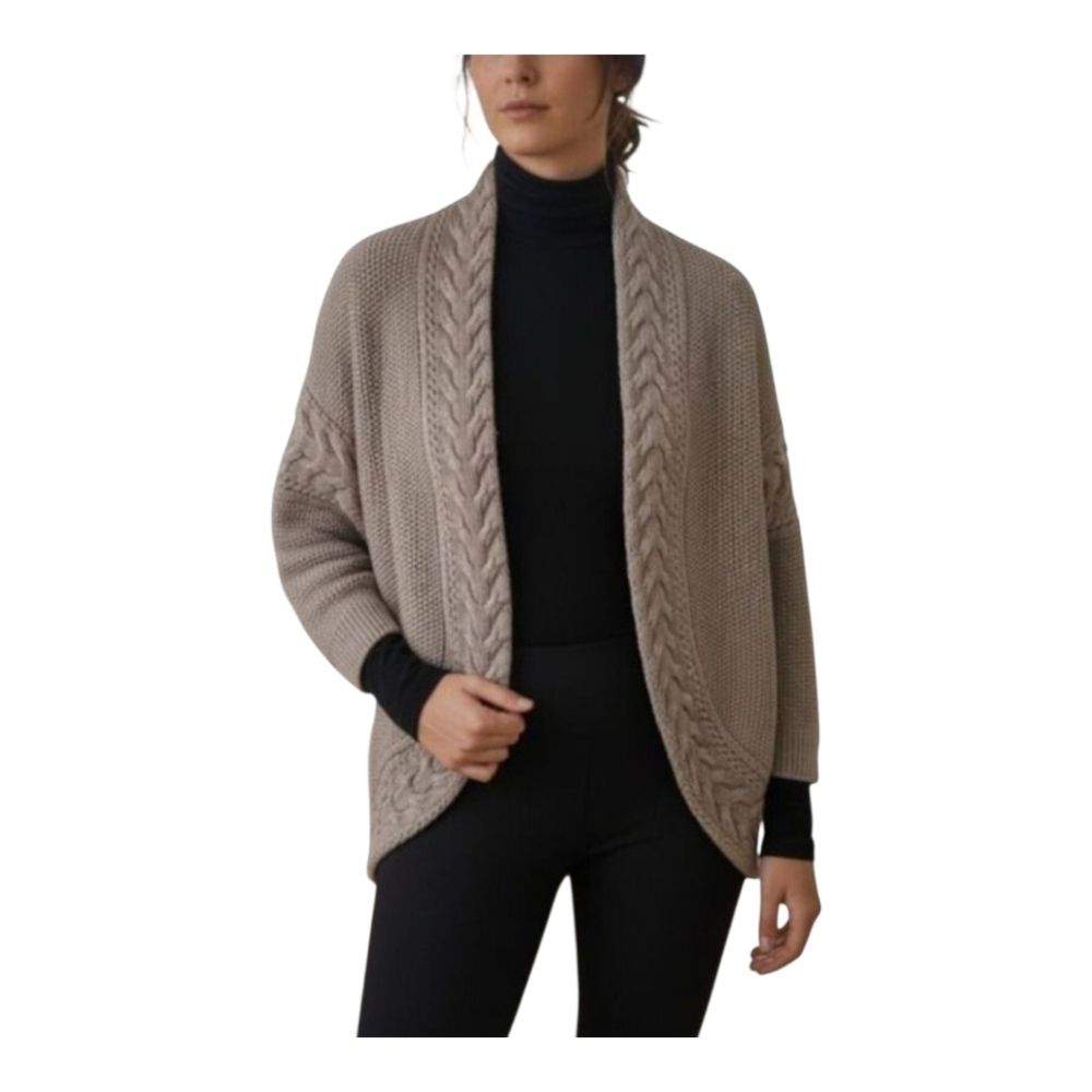 Chunky Cable Knit Sweater Cotton Open Front Drop Sleeves Light Taupe M Tribal